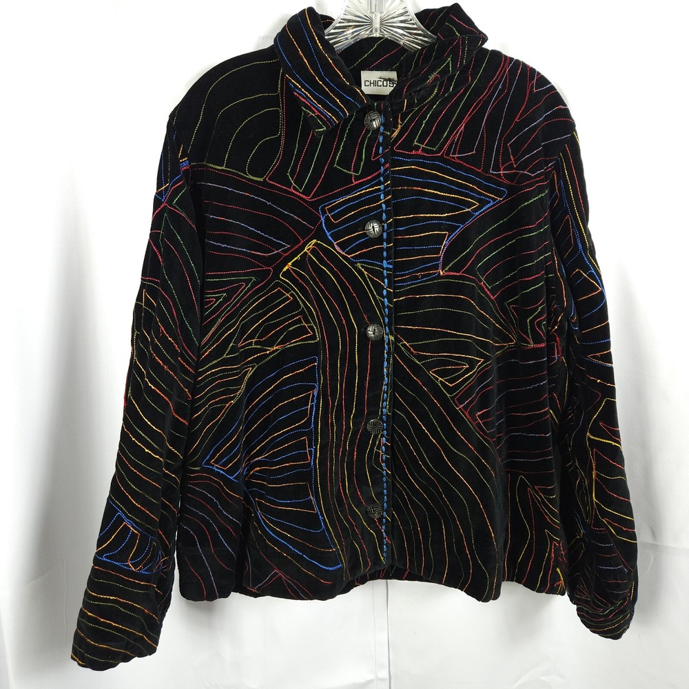 Chico's Black‎ Abstract Colorful Embroidered Velvet Jacket Womens Large